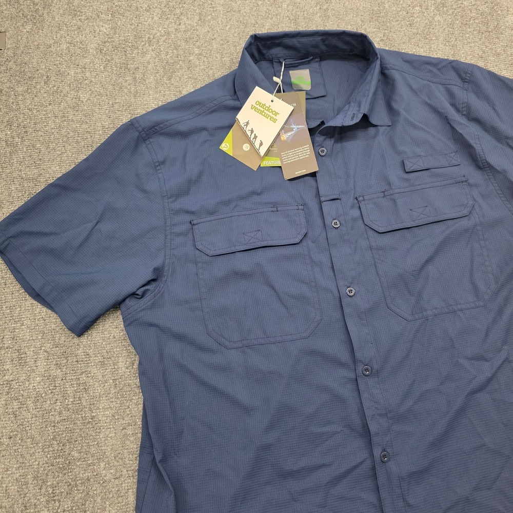Outdoor Ventures Mens XL Blue Short Sleeve Fishing Hiking Button Up Shirt NWT